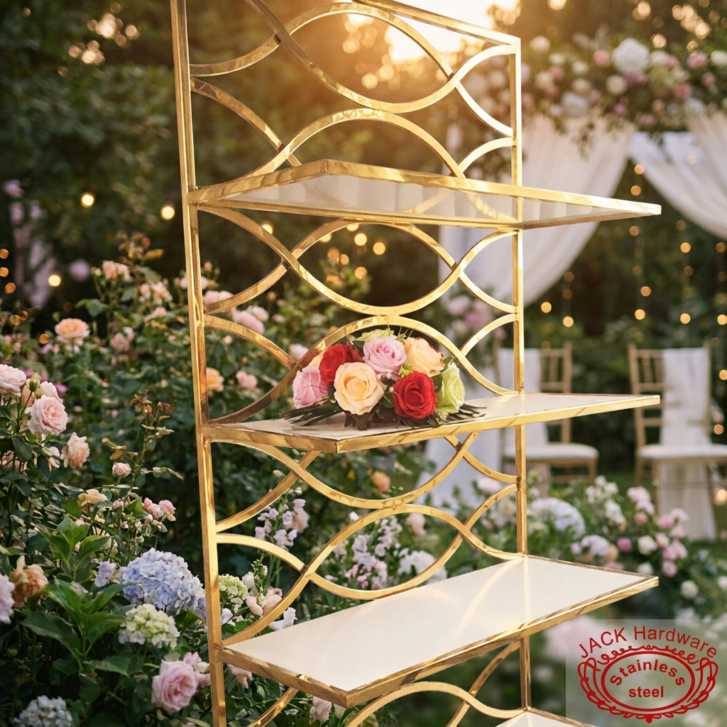 Gold white wave display stand at romantic garden wedding dusk golden hour bokeh