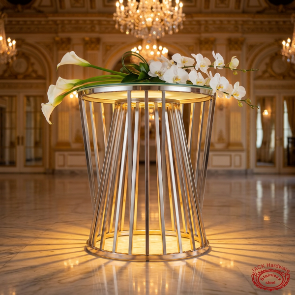 Silver inverted trapezoid cage side view ballroom uplighting fan shadow lines marble floor