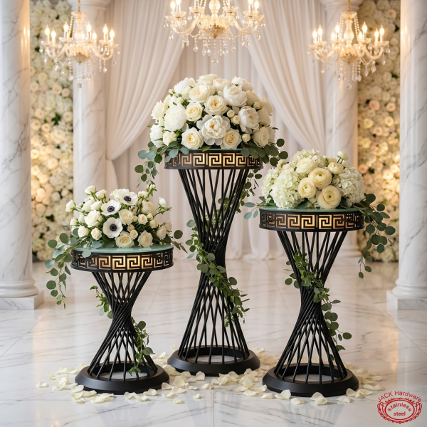 Matte black spiral woven stands at wedding floral display white roses frosted glass Greek key rim chandeliers