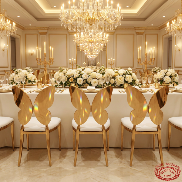 Gold butterfly wing back chairs at wedding banquet hall dinner table chandeliers