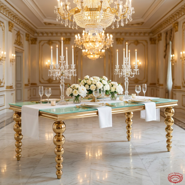 Gold ball-bead column leg mint glass table at luxury hotel banquet hall candelabras chandeliers linen