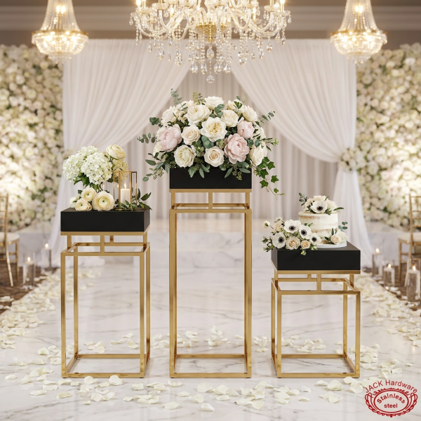 Gold black square stands at wedding floral display florals black tops chandeliers