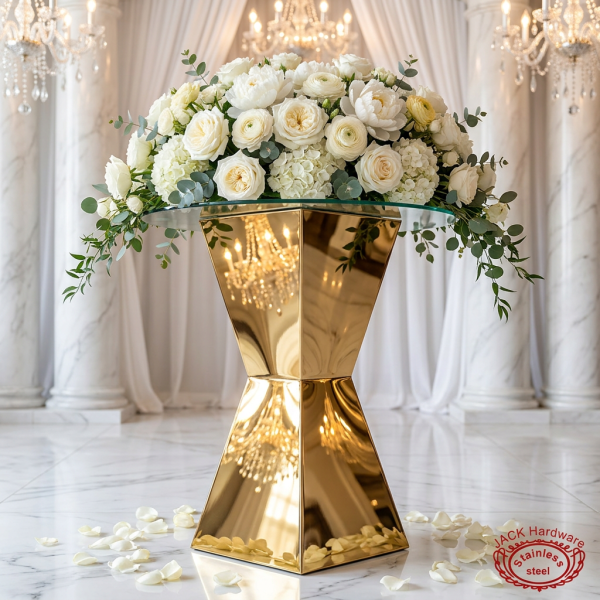 Gold X-twist waist stand with florals chandelier golden reflections X-cross waist visible