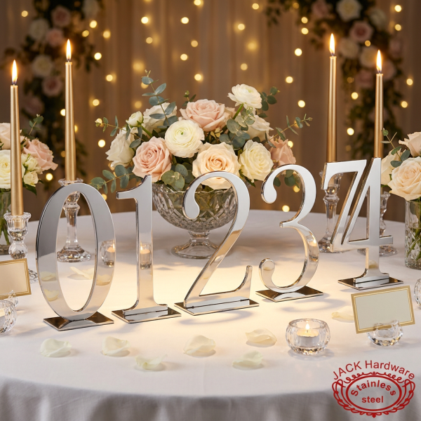 Silver number standees at wedding reception warm golden light artistic digits reflection