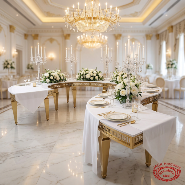Gold crescent moon banquet table at luxury hotel wedding hall white linen candelabras chandeliers