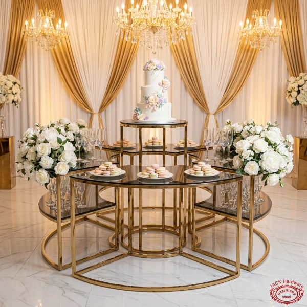 Gold semi-circular dessert station at wedding reception tiered cake macarons florals crystal chandeliers