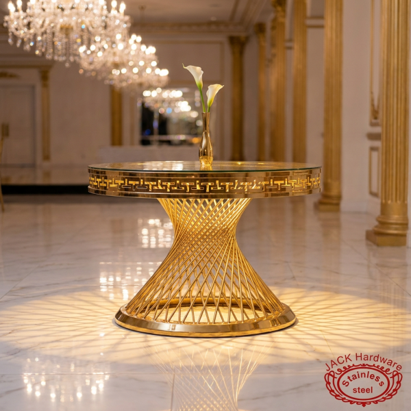 Gold spiral woven column Greek key rim side view ballroom uplighting light lattice shadow marble
