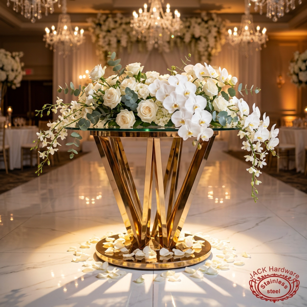 Gold inverted crown V-shape blade legs hotel wedding event prominent 45 degree spotlight shadows