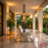Silver square frame swing side view luxury villa terrace warm ambient light mirror reflection marble