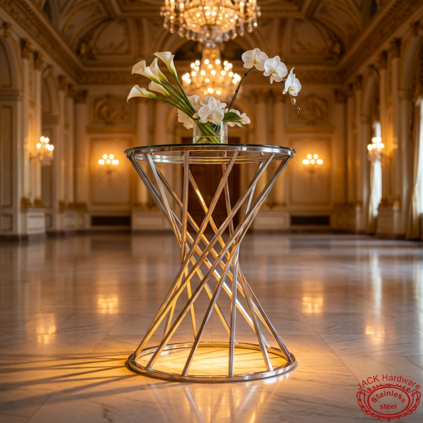 Silver double-ring hourglass side view ballroom uplighting bicone shadow marble reflections