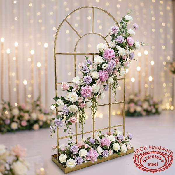 Gold arch window backdrop as garden-inspired photo wall white roses peonies greenery fairy light bokeh