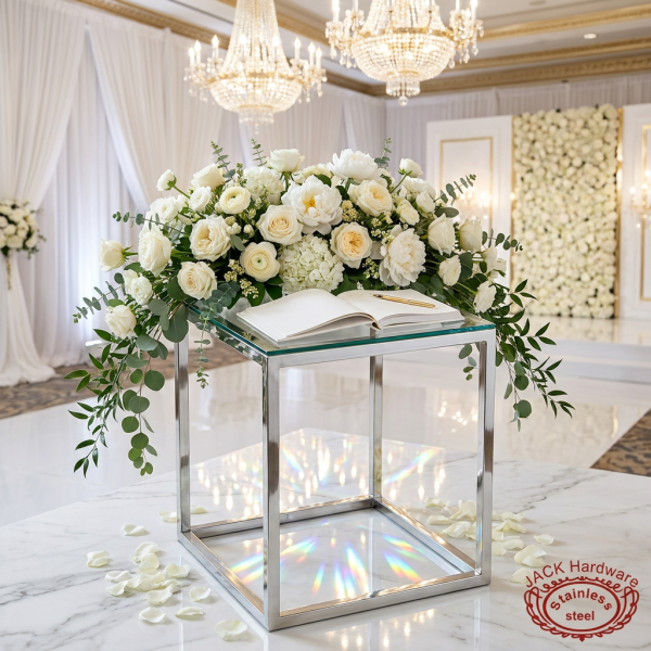 Silver square column frame stand at wedding florals guest book guest book chandeliers