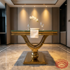 Gold horn leg dining table at modern hotel VIP suite orchid minimal place setting marble floors