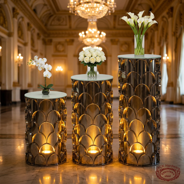Dark mirror fish-scale cylinder 3-piece stands side view grand ballroom ascending heights golden uplighting