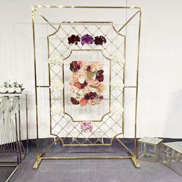 WENDING gold diamond lattice floral backdrop wall LED octagonal frame wedding stage
