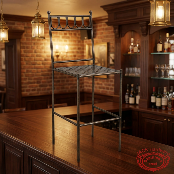 Dark bronze iron bar stool at classic European luxury hotel bar warm amber wood counter