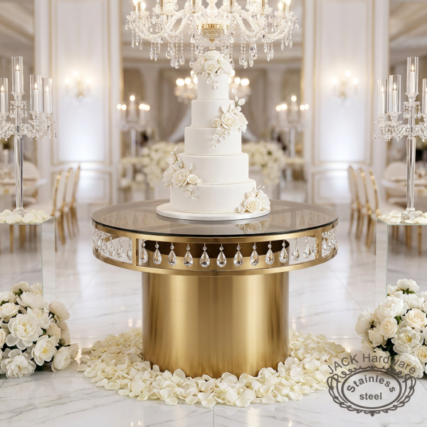 Matte gold round crystal pendant cake table at wedding with 5-tier wedding cake roses chandeliers