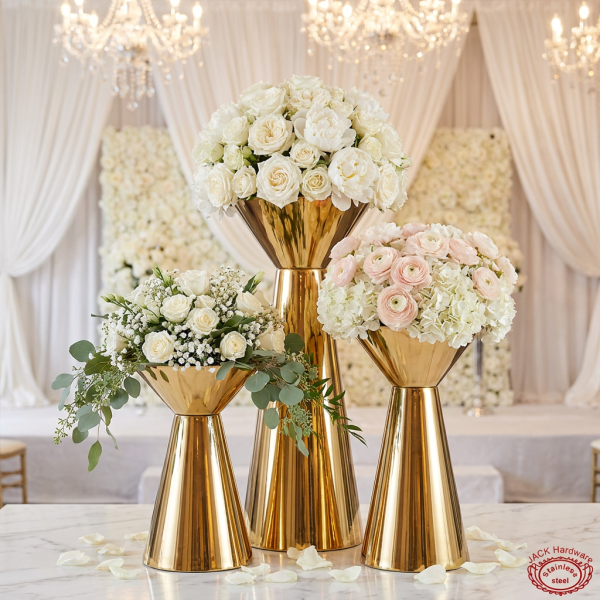 Gold double-trumpet hourglass 3-piece stands at wedding floral display white peonies roses chandeliers