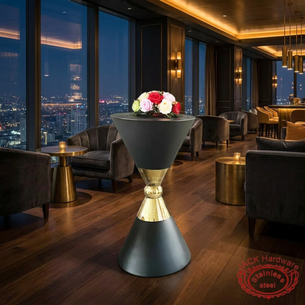Dark grey gold bar table at penthouse lounge bar city skyline windows moody dark charcoal amber