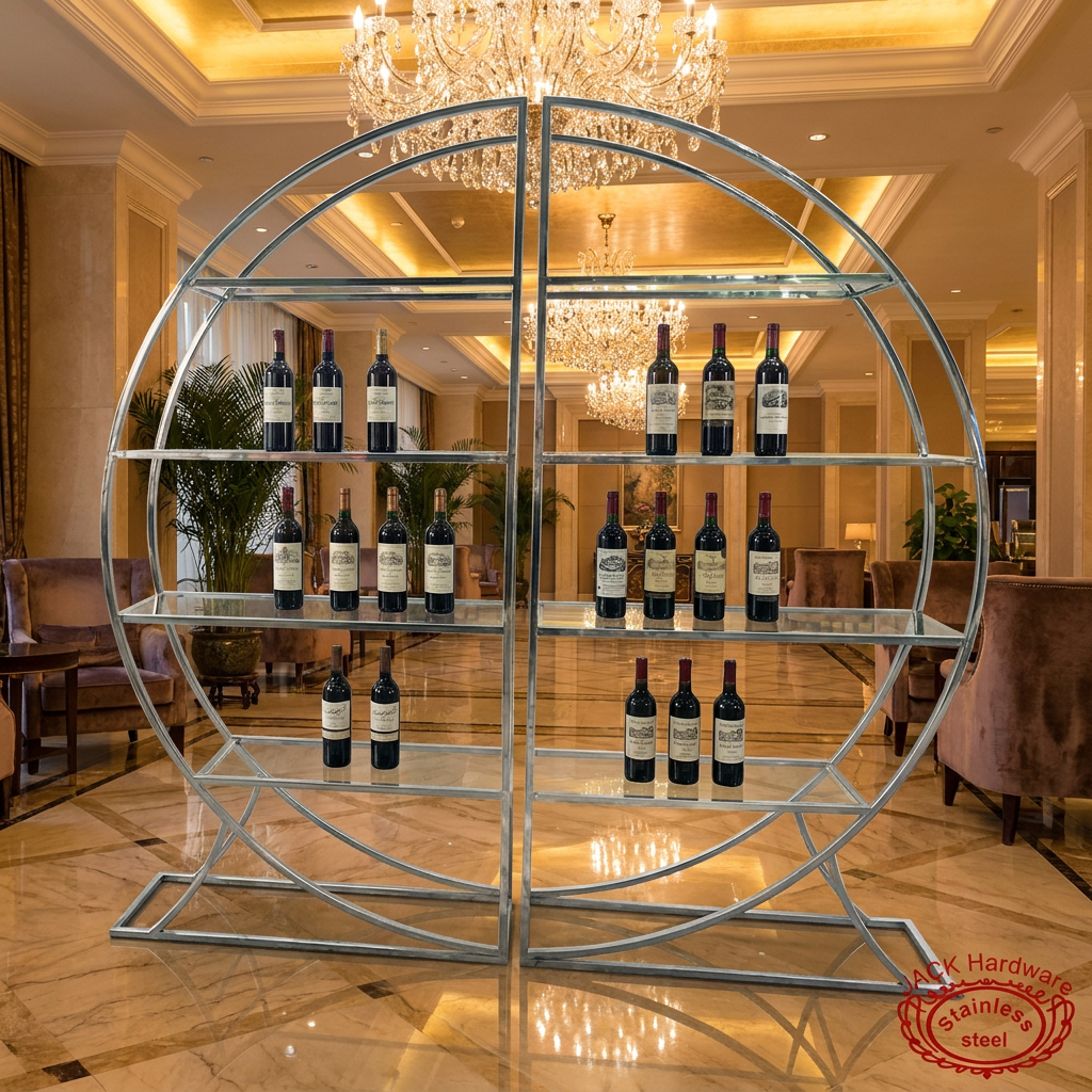 Circular display rack at elegant hotel lobby with marble floors crystal chandeliers
