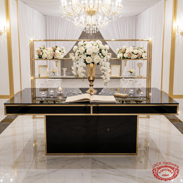 Black gold signing desk at wedding entrance guest book roses chandeliers foyer