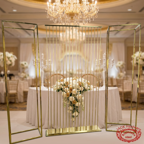 Gold screen set behind sweetheart table hotel wedding reception candelabras florals crystal chandelier