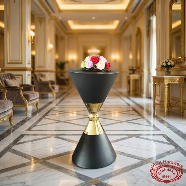 Dark grey gold sphere cocktail table in 5-star hotel lobby marble floors gold architectural details
