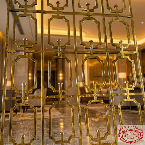 Gold Chinese lattice as architectural room partition hotel lobby warm golden lighting mirror reflections