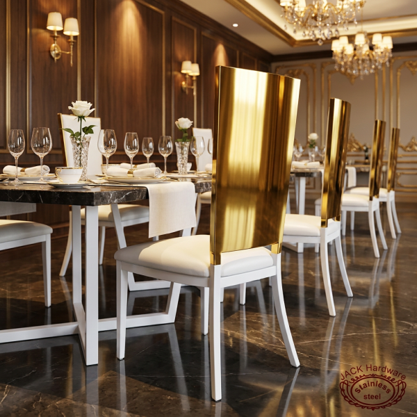 Gold mirror backrest dining chair hotel restaurant 45 degree gold panel white legs warm spotlights